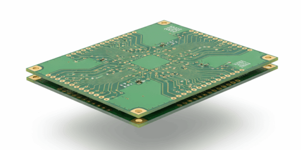Close-up of a green printed circuit board (PCB) for S B Electronics fabrication services